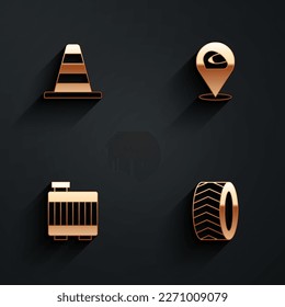 Set Traffic cone, Racing helmet, Car radiator cooling system and tire wheel icon with long shadow. Vector