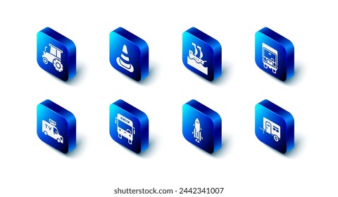 Set Traffic cone, Sailboat, Delivery cargo truck, Rv Camping trailer, Rocket ship with fire, Bus, TV News and Tractor icon. Vector