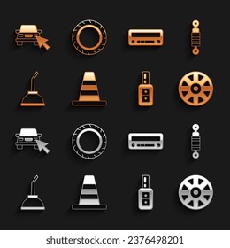 Ajuste Cono de tráfico, absorbente de choque, rueda de aleación para el coche, llave de coche con mando a distancia, aceite de la máquina de motor del cartucho, audio, uso compartido en línea e icono del neumático. Vector