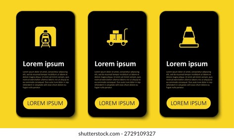 Set Traffic cone, Trolley suitcase and Train in railway tunnel. Business infographic template. Vector