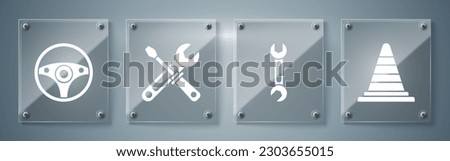Set Traffic cone, Wrench, Screwdriver and wrench tools and Steering wheel. Square glass panels. Vector
