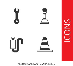 Set Traffic cone, Wrench spanner, Car muffler and Gear shifter icon. Vector