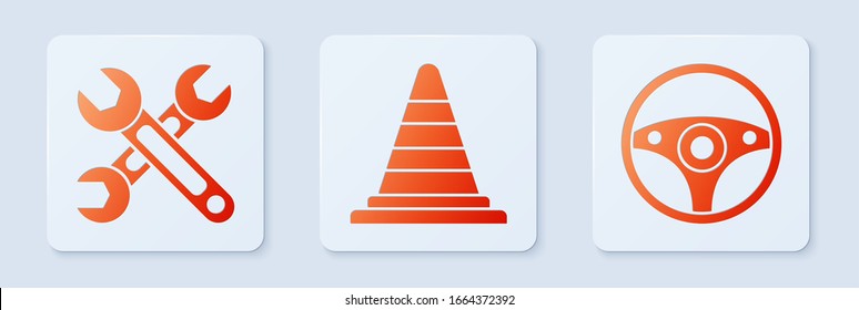 Set Traffic cone, Wrench and Steering wheel. White square button. Vector