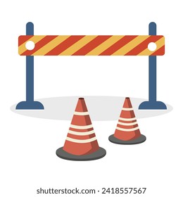 Set of traffic cones for car stops and a police safety stop signal bar for emergencies with red and yellow stripes. Vector illustration.