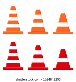 Set of traffic cones isolated on white background. Cartoon style. Vector illustration for any design.