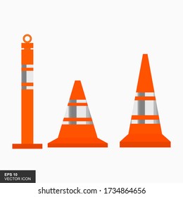 Set traffic cones with white and orange stripes on a white background. Vector illustration