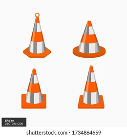 Set traffic cones with white and orange stripes on a white background. Vector illustration