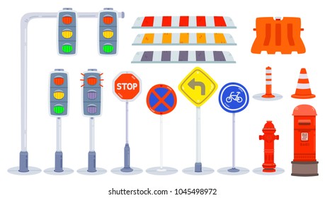 Set of traffic element, Element of city/park/road, traffic light, plastic barriers, traffic cones, traffic sign, road sign, post box, fire hydrants, The sidewalk Red White, Isolated objects, style