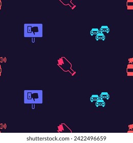 Set Traffic jam, Protest, Broken bottle as weapon and Air horn on seamless pattern. Vector
