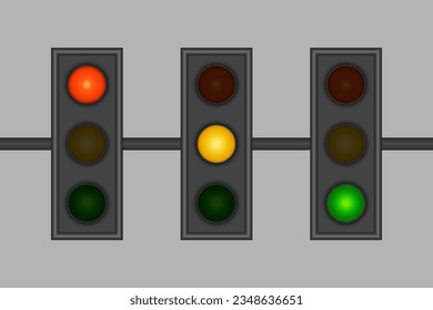 Conjunto de semáforos con los tres colores, Ilustración vectorial.