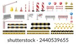 Set of traffic light, boom barrier gate, road barrier fence, speed bump ,road cone. Striped yellow and black barriers for blocking road. Speed bump element or obstacle on the road. Realistic 3d Vector