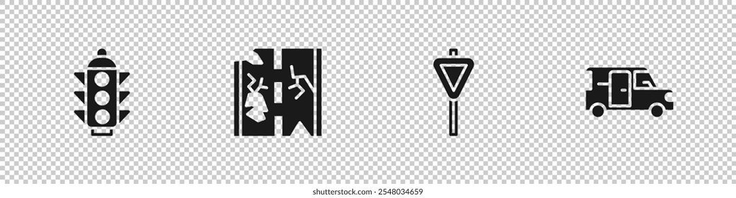 Set Traffic light, Broken road, Road traffic signpost and Minibus icon. Vector