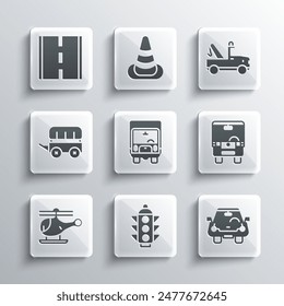 Set Traffic light, Car, Bus, Delivery cargo truck, Helicopter, Wild west covered wagon, Road and Tow icon. Vector