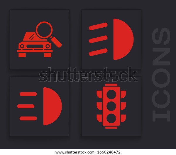 Set Traffic light, Car search, High beam and High\
beam icon. Vector