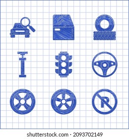 Set Traffic light, Car wheel, No Parking or stopping, Steering, , and search icon. Vector