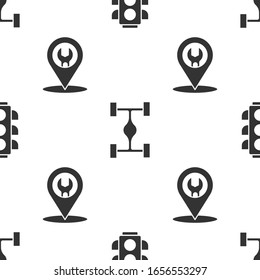 Set Traffic Light, Chassis Car And Car Service On Seamless Pattern. Vector