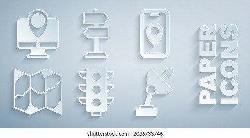 Ajuste el semáforo, la navegación de los mapas de la ciudad, plegado, radar, señal de tráfico por carretera y Monitor con el icono de marcador de ubicación. Vector
