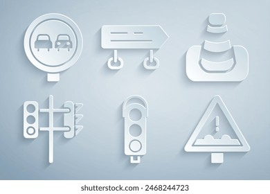 Set Traffic light, cone, Uneven road ahead sign, Road traffic and No overtaking icon. Vector