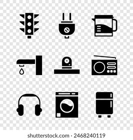 Set Ampel, elektrischer Stecker, Wasserkocher, Kopfhörer, Waschmaschine, Kühlschrank, Wasserhahn und Sicherheitskamera-Symbol. Vektorgrafik