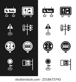 Establecer semáforo, signo de exclamación en triángulo, señal de tráfico vial, cruce de ferrocarril, tablero de transporte público e icono. Vector