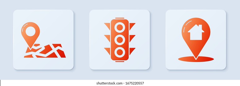 Set Traffic light, Folded map with location marker and Map pointer with house. White square button. Vector