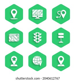 Set Traffic Light, Globe mit fliegendem Flugzeug, Standort, Straßenverkehrszeichen, Kartenzeiger Stern, Infografik der Stadtplan Navigation, Route Position und Symbol. Vektorgrafik