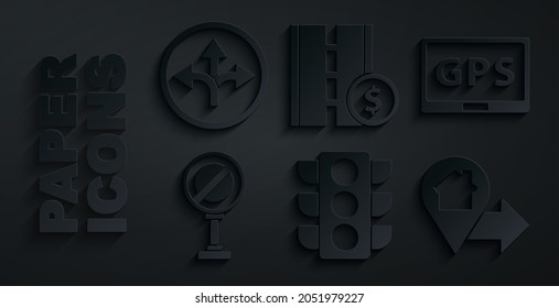 Set Traffic light, Gps device with map, Stop sign, Location house, Toll road traffic and Road icon. Vector
