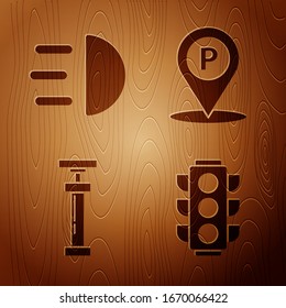 Set Traffic light, High beam, Car air pump and Location with parking on wooden background. Vector