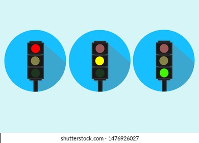 Set of traffic light icons. blue background vector flat