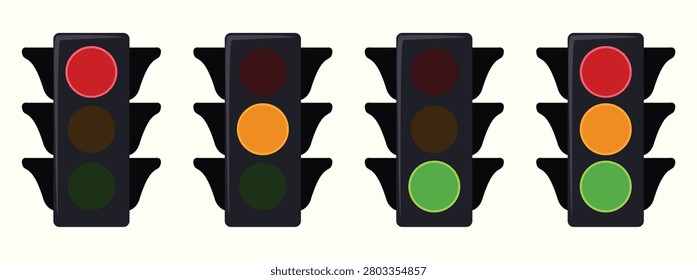 Set of Traffic Light Icons showing Red, Yellow, and Green Signals for Road Safety and Transportation Control