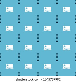 Set Traffic light and Laptop with location marker on seamless pattern. Vector