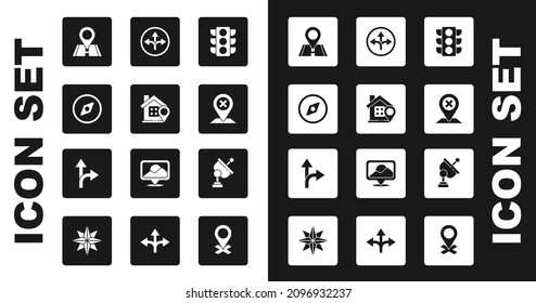 Ajuste el semáforo, la ubicación con la casa, la brújula, la señal de tráfico, el radar y el icono. Vector