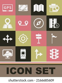 Set Traffic light, Location marker, Toll road traffic sign, Folded map, Route location, Gps device with and Compass icon. Vector