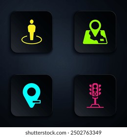 Set Traffic light, Location with person,  and Folded map location marker. Black square button. Vector