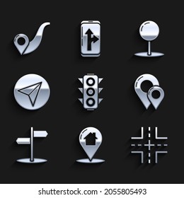 Set Traffic light, Map pointer with house, Road traffic sign, pin, Paper airplane, Push and Route location icon. Vector