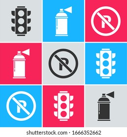 Set Traffic light, Paint spray can and No Parking or stopping icon. Vector