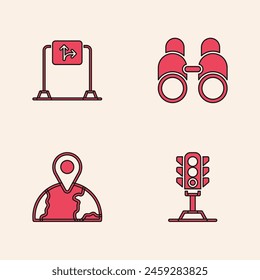 Set Traffic light, Road traffic sign, Binoculars and Location on the globe icon. Vector