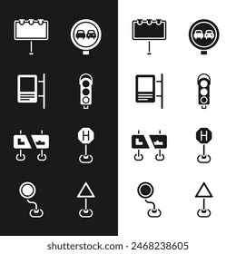 Set Traffic light, Road traffic sign, Billboard with lights, No overtaking road, Hospital, Triangle warning blank and  icon. Vector