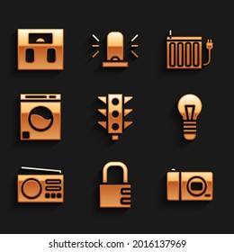 Set Traffic light, Safe combination lock, Photo camera, Light bulb, Radio, Washer, Heating radiator and Bathroom scales icon. Vector