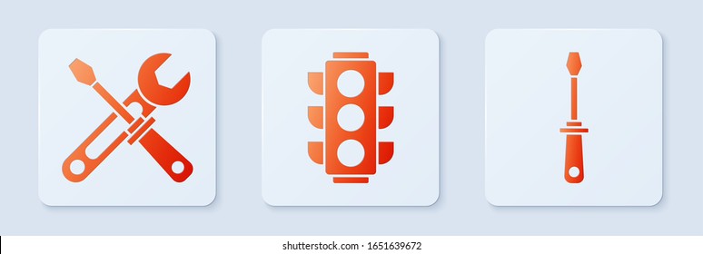 Set Traffic light, Screwdriver and wrench tools and Screwdriver. White square button. Vector