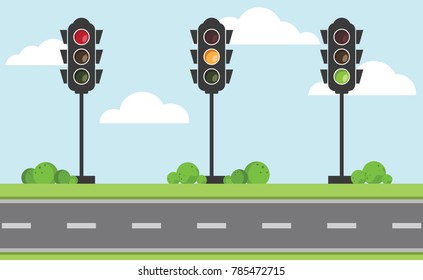 Set of traffic light signal with red, yellow and green color on the road with blue sky and cloud, Flat design and vector of traffic light icon