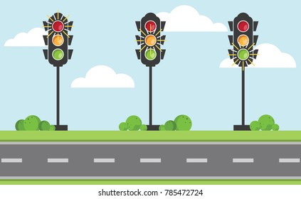 Set of traffic light signal with red, yellow and green color on the road with blue sky and cloud, Flat design and vector of traffic light icon