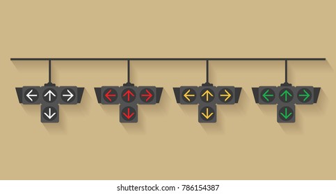 Set of traffic light signal for turn left, turn right, straight and turn back, Flat design and vector of traffic light icon