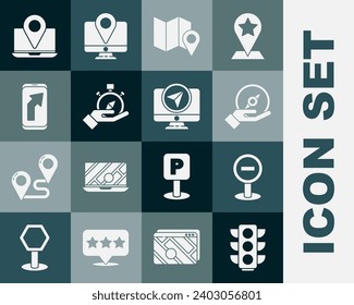 Set Traffic light, Stop sign, Compass, Folded map with location marker, City navigation, Laptop and Monitor icon. Vector