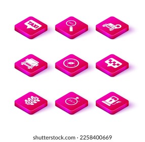 Ajuste el semáforo, Stopwatch 24 horas, Car, Compass, Electric car car car charge station, Map puntero con taxi y Magnifying glass and icon. Vector