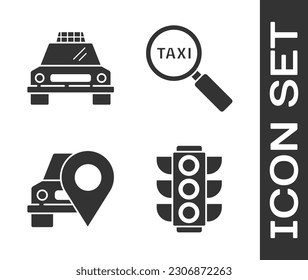 Set Traffic light, Taxi car, Map pointer with taxi and Magnifying glass and taxi car icon. Vector