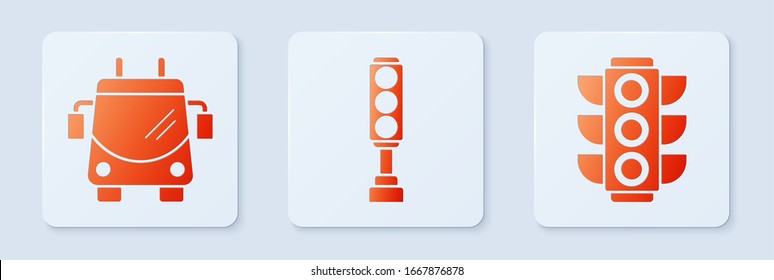 Set Traffic light, Trolleybus and Traffic light. White square button. Vector