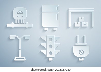 Set Traffic light, Warehouse, Street, Electric plug, Refrigerator and Smart sensor icon. Vector