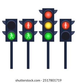 Set of traffic lights for auto and pedestrian, vector illustration isolated on white, eps10