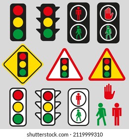 Set of traffic lights. Flat signal icons. Semaphore design. Vector
